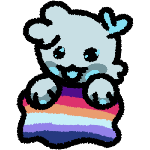 a gray fluffy humanoid creature with blue cheeks and hooves holding the lesboy flag. The colors of the flag from top to bottom are dark purple, hot pink, orange, light blue, lavender, and dark blue